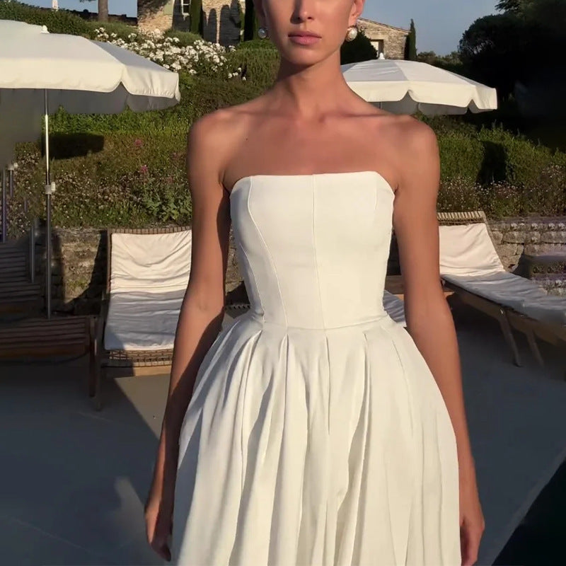Fashion Off-shoulder Tube Top Pleated Dress