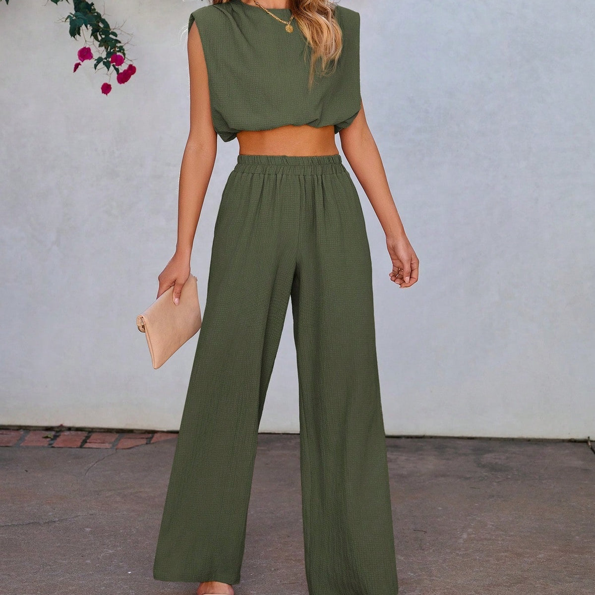 Women Solid Color Sleeveless Top And Long Pants 2-Piece Set For Vacation