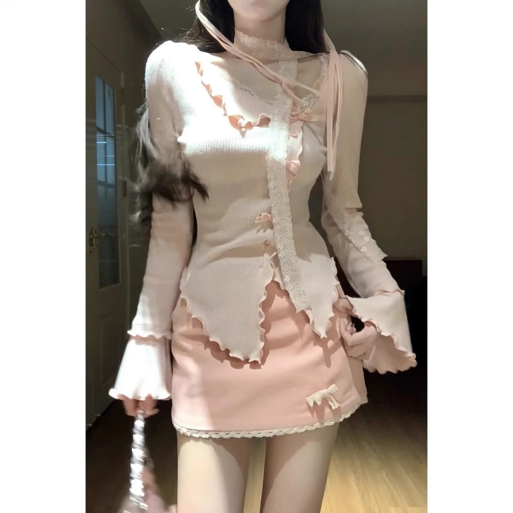 Small Irregular Top Skirt Two-piece Set For Women