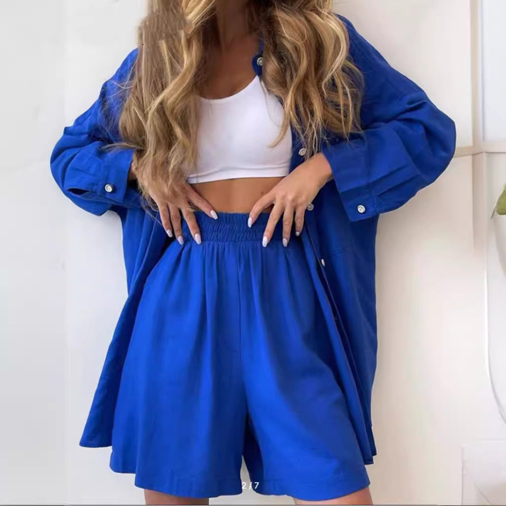 Single-breasted Long Sleeve Shirt Loose Casual Shorts Suit