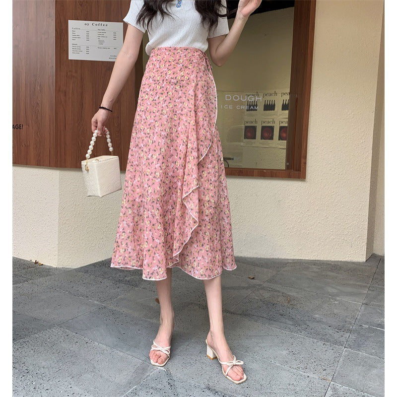 Vacation Style Floral Skirt Chiffon Dress Skirt One-piece Ruffled