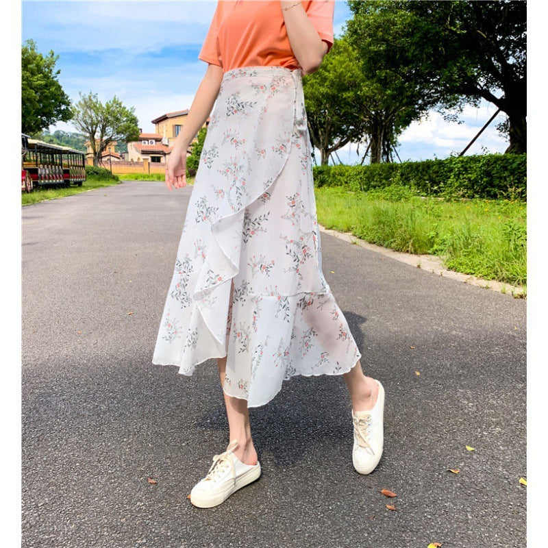 Vacation Style Floral Skirt Chiffon Dress Skirt One-piece Ruffled