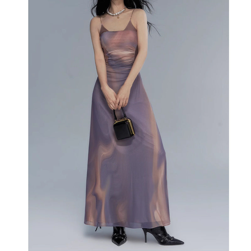 Vacation Style Contrast Color Pleated Off-the-shoulder Slip Dress