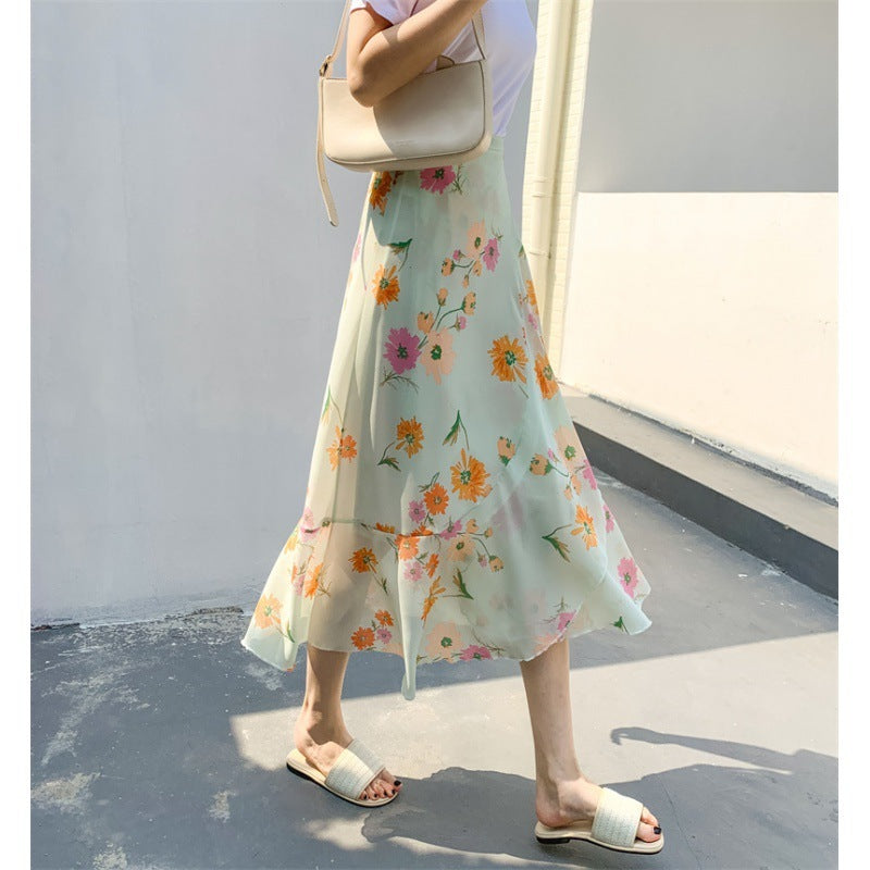 Vacation Style Floral Skirt Chiffon Dress Skirt One-piece Ruffled