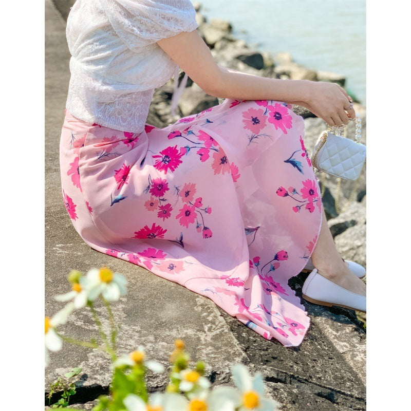 Vacation Style Floral Skirt Chiffon Dress Skirt One-piece Ruffled
