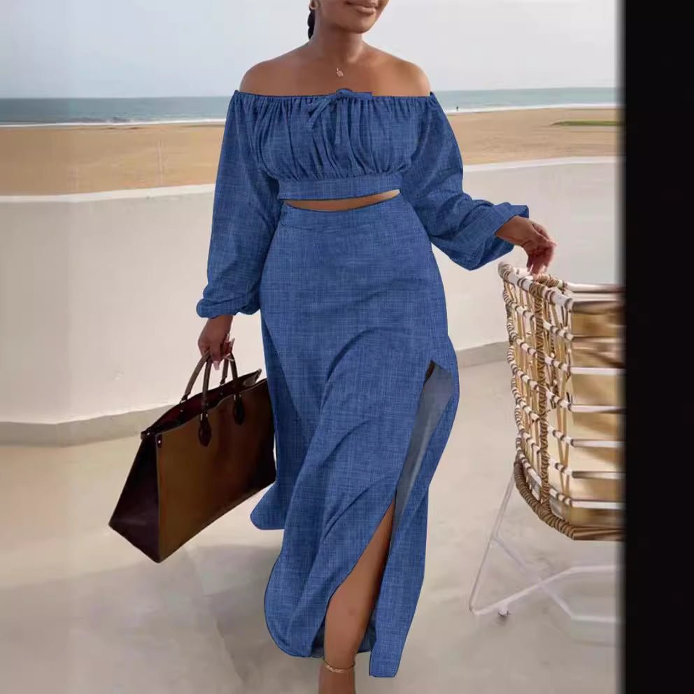 Cross-border Amazon Casual Off-the-shoulder Split Vacation Dress Two-piece Set