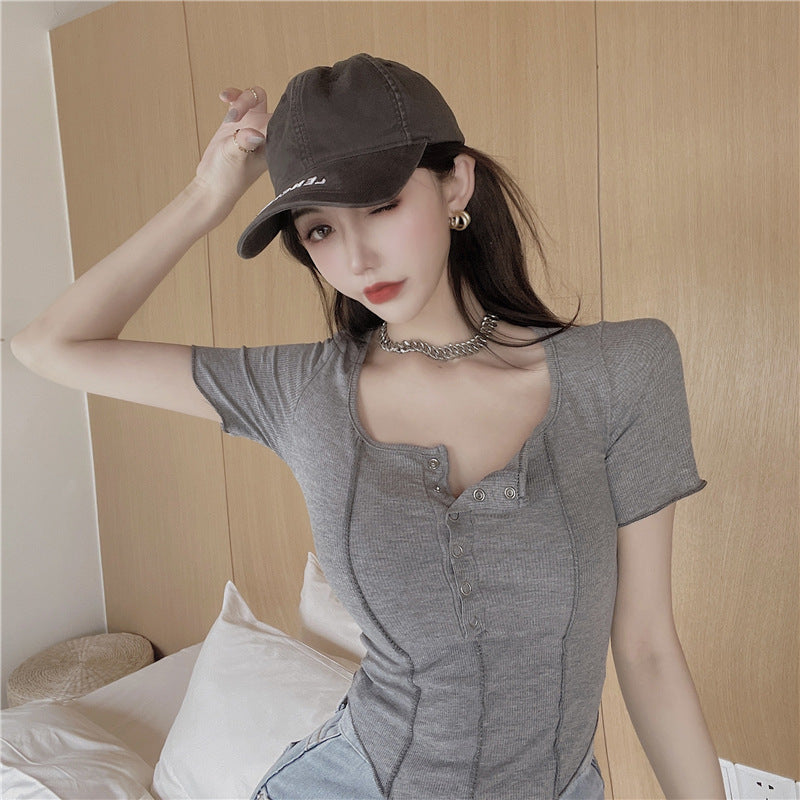 Thin Single-breasted Low Round Neck Short-sleeved Solid
