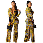 Fashion Digital Printed Long Sleeve V-Neck Jumpsuit