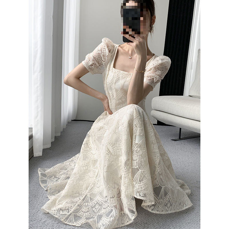 French Square Collar Crocheted Waist-tight Thin Over The Knee Dress