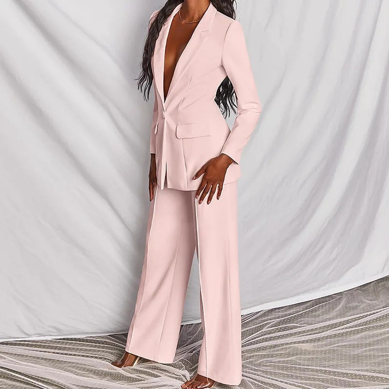 2 Piece SetSpring Elegant Solid Long Sleeve Blazer Suit And Pants For Women Autumn Classic OL Street Outfit