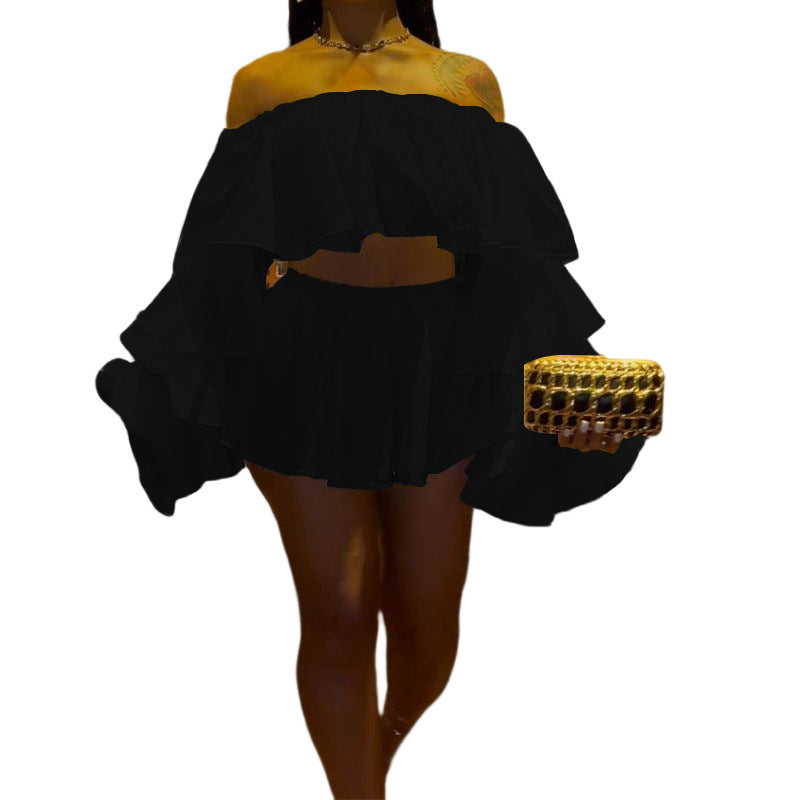 Fashion Ruffles Top Mini Skirt Two-piece Set