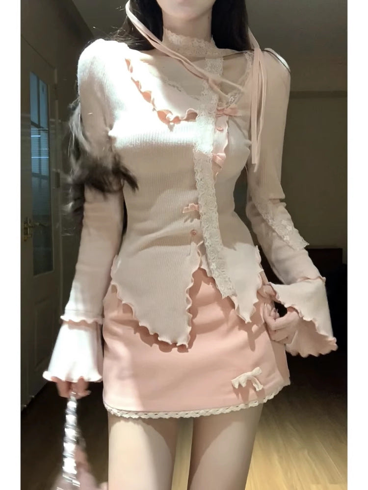 Small Irregular Top Skirt Two-piece Set For Women