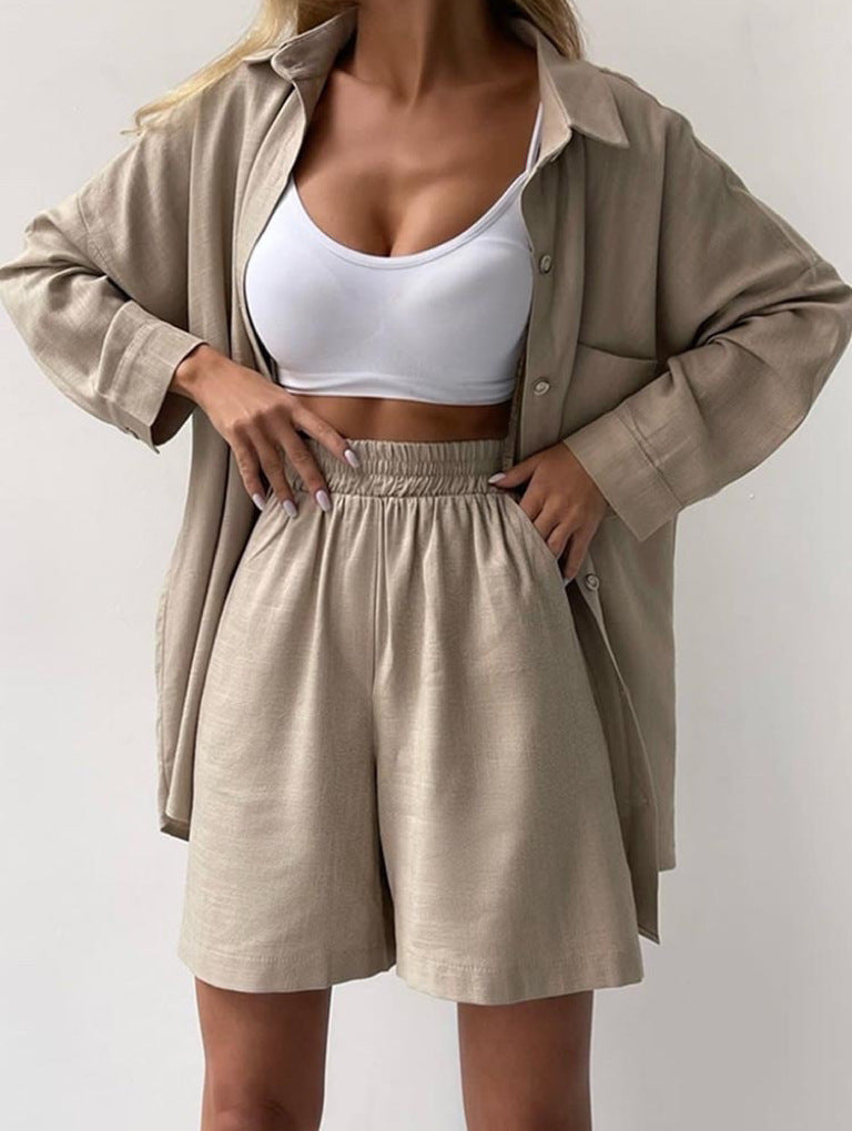 Single-breasted Long Sleeve Shirt Loose Casual Shorts Suit
