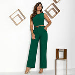 Women's Fashionable Round Neck Sleeveless Top High Waist Pocket Trousers Suit