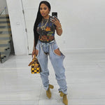 Fashion Trend Irregular Hollow-out High Waist Jeans For Women