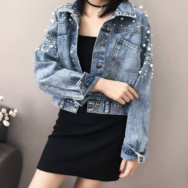 Heavy Industry Beads Short Denim Coat Women's Slimming