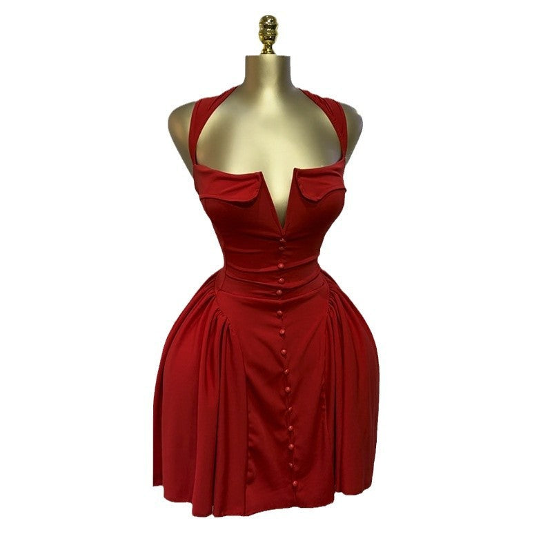 Square Collar Breasted Decorative High Waist Hip Skirt Skirt