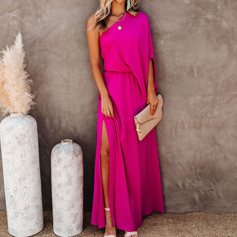 Fashion Dress Slant Collar Off Shoulder Side Slit Temperament Long Skirt Women
