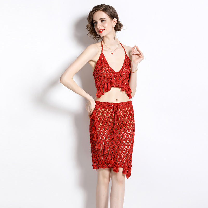 Vacation Style Hollow Tassel V-neck Tube Top Sling Top Wrapped Skirt Two-piece Suit For Women