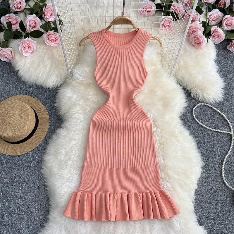 Sleeveless Slim Fit Inner Wear Package Hip Over-the-knee Pleated Fishtail Dress