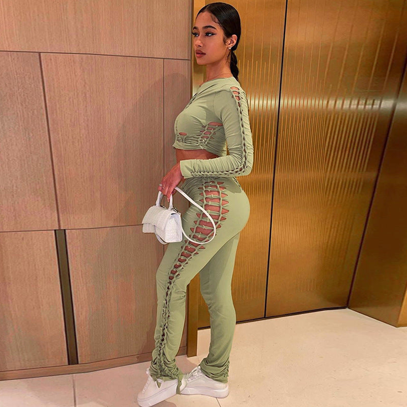Fashion Round Neck Long Sleeve Top Hollow-out Slim Pants Suit