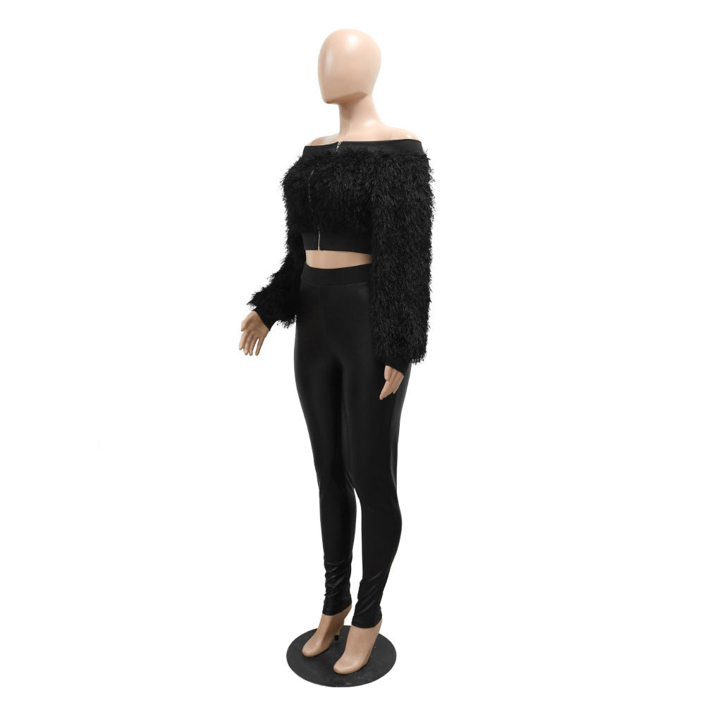 Women's Fashion Off-shoulder Long Sleeve Slim-fit Trousers Two-piece Set