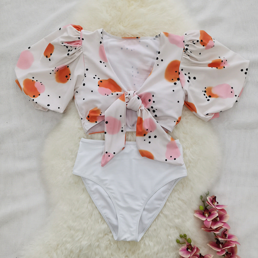 Women's Split High Waist Solid Color Swimsuit Puff Sleeve Polka Dot New Bikini