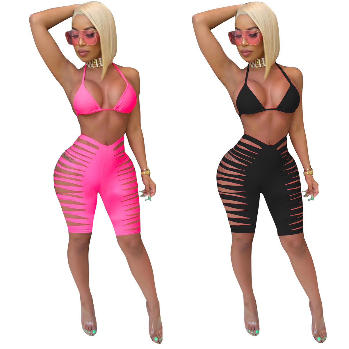 Burnt Flower Hole Swimsuit Vacation Two-piece Set