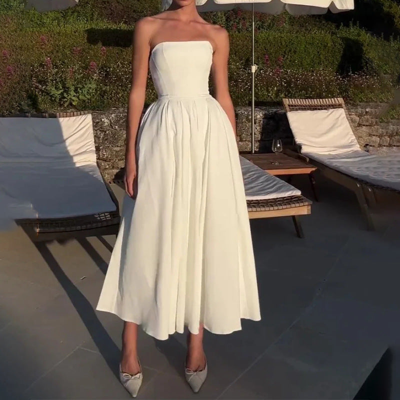 Fashion Off-shoulder Tube Top Pleated Dress