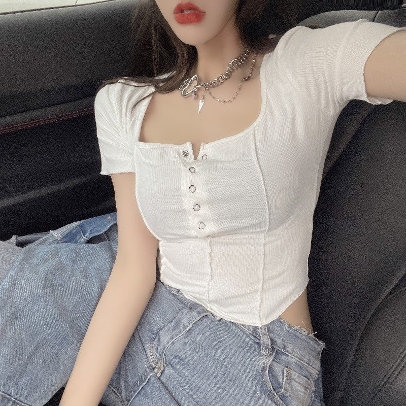 Thin Single-breasted Low Round Neck Short-sleeved Solid