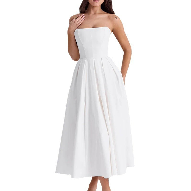 Fashion Off-shoulder Tube Top Pleated Dress