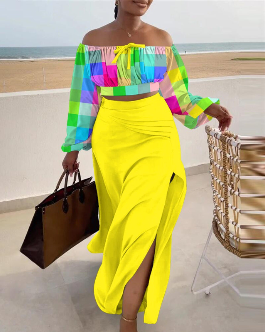 Cross-border Amazon Casual Off-the-shoulder Split Vacation Dress Two-piece Set