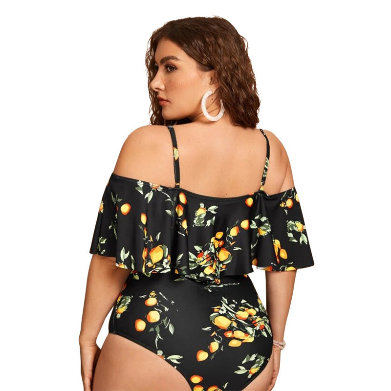 Swimsuit One-piece Off-shoulder Ruffle Sleeve Briefs Yellow Lime