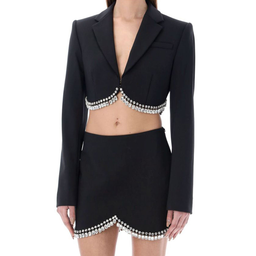 Fashion Long Sleeve Tassel Top Short Skirt Two-piece Set