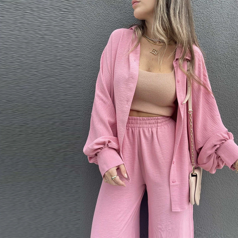 Solid Color Single Breasted Lantern Sleeve Shirt And Pants