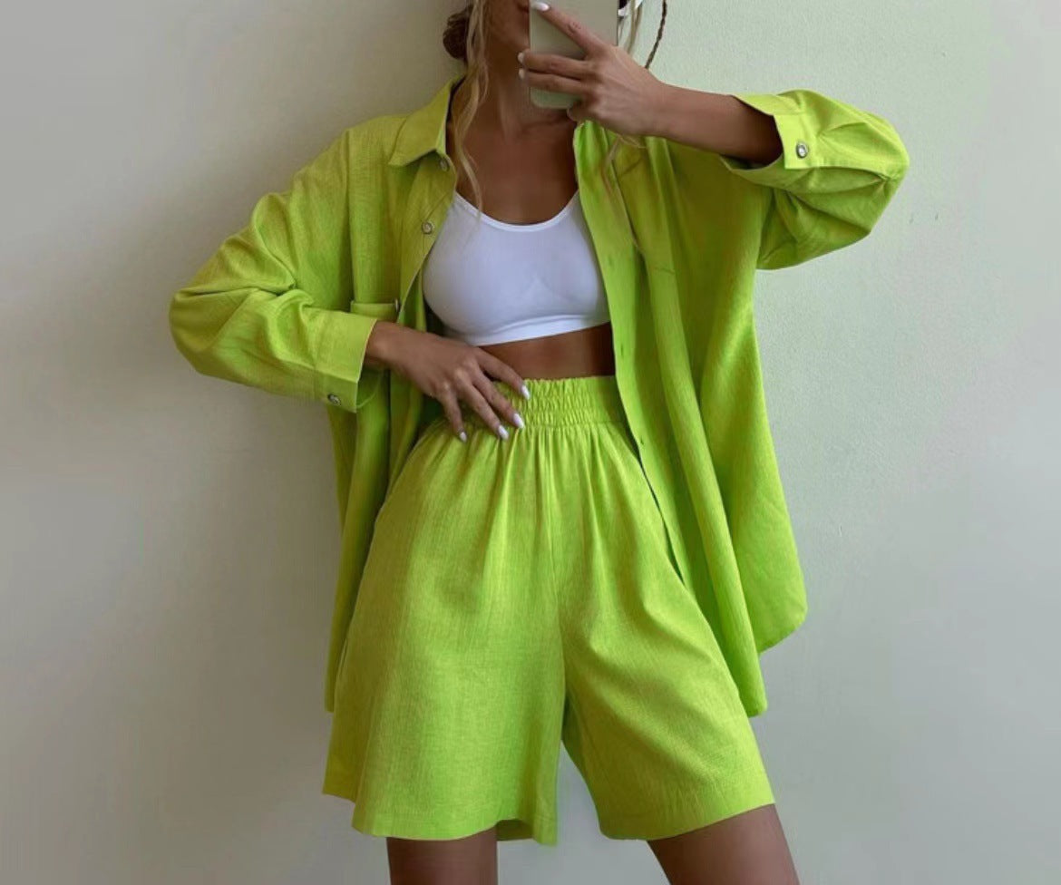 Single-breasted Long Sleeve Shirt Loose Casual Shorts Suit