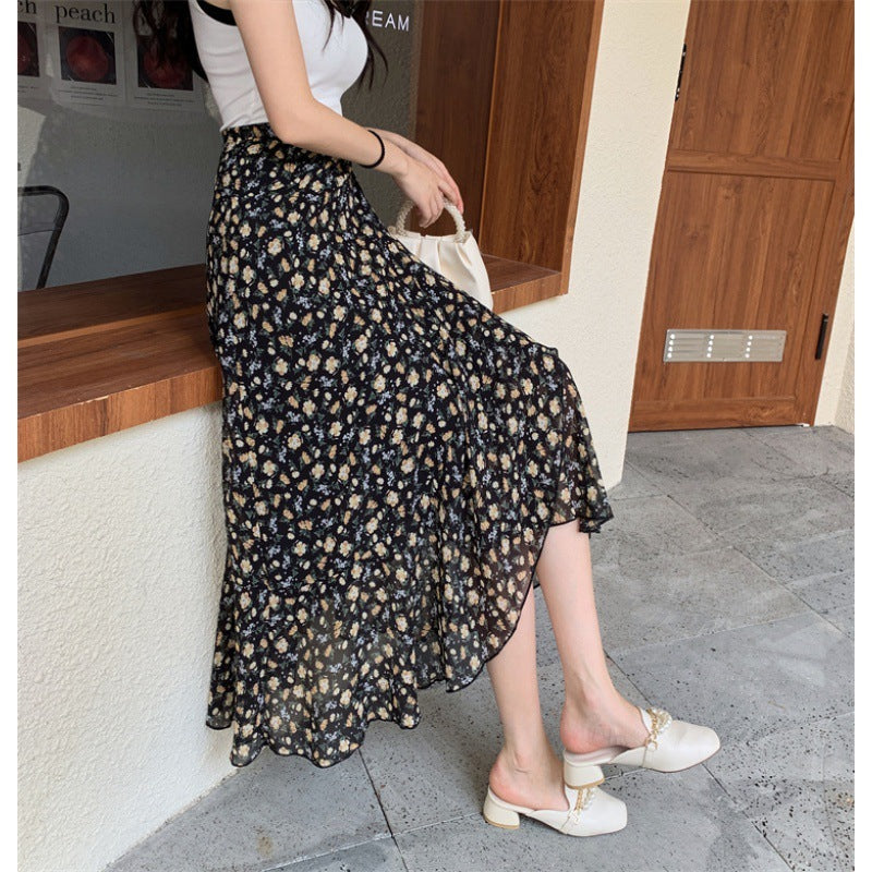 Vacation Style Floral Skirt Chiffon Dress Skirt One-piece Ruffled