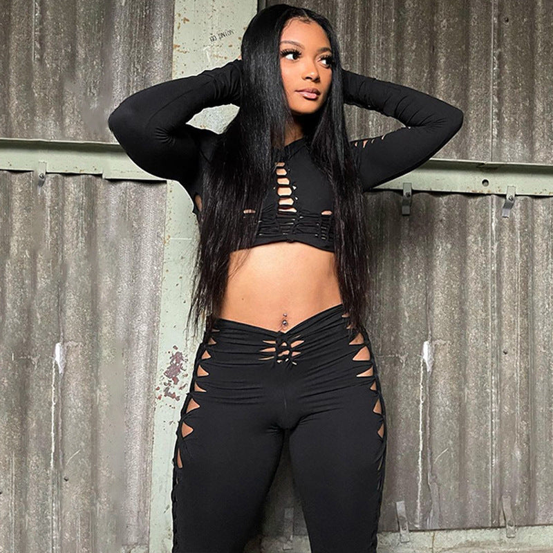 Fashion Round Neck Long Sleeve Top Hollow-out Slim Pants Suit