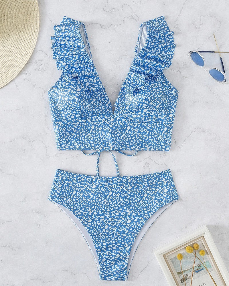 Women's Flounced V-neck Split Swimsuit High Waist Split Bikini