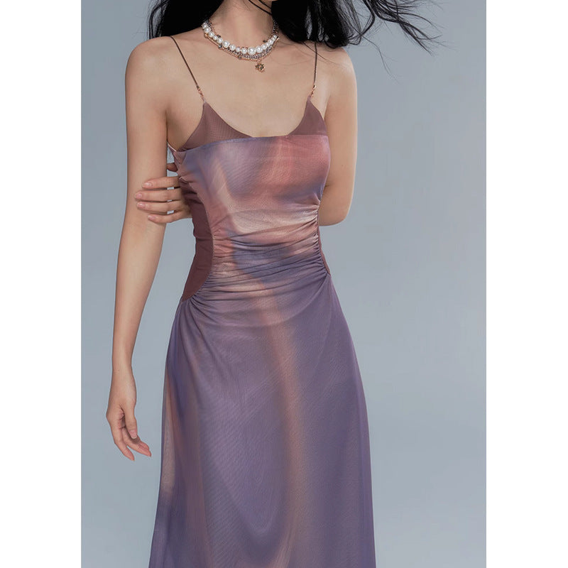 Vacation Style Contrast Color Pleated Off-the-shoulder Slip Dress