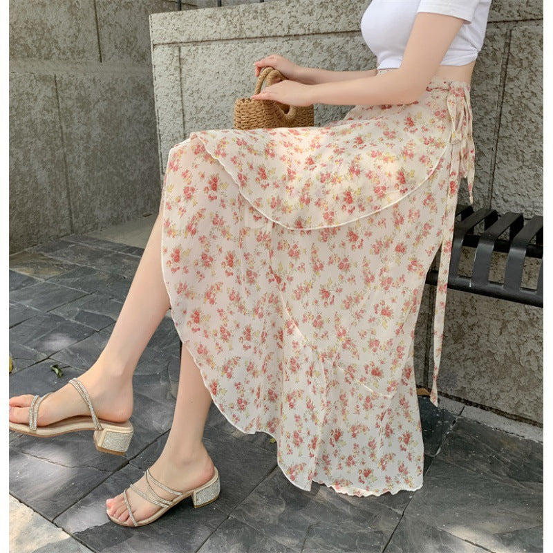 Vacation Style Floral Skirt Chiffon Dress Skirt One-piece Ruffled