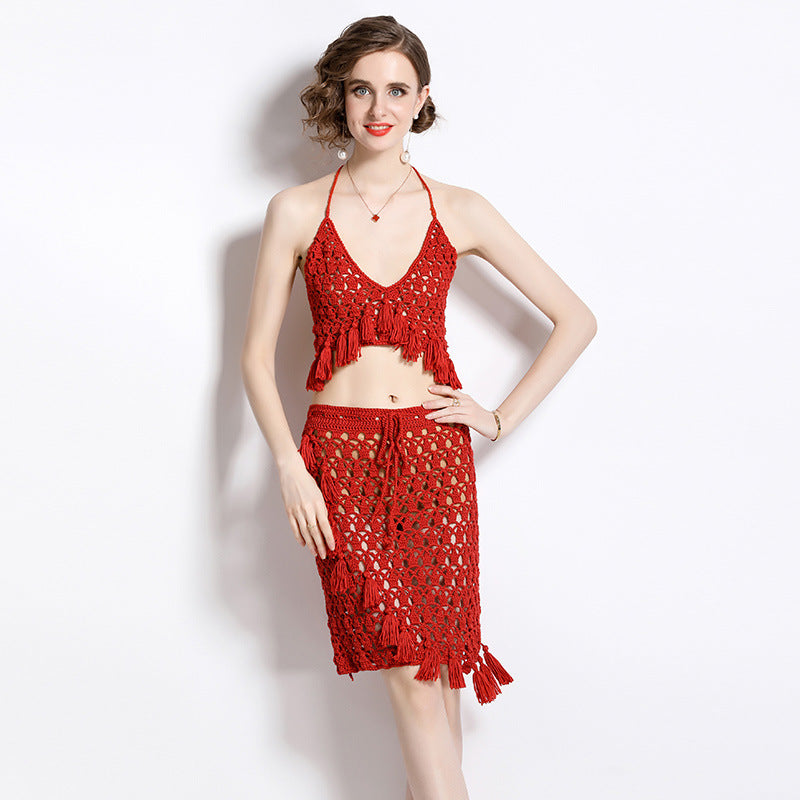 Vacation Style Hollow Tassel V-neck Tube Top Sling Top Wrapped Skirt Two-piece Suit For Women